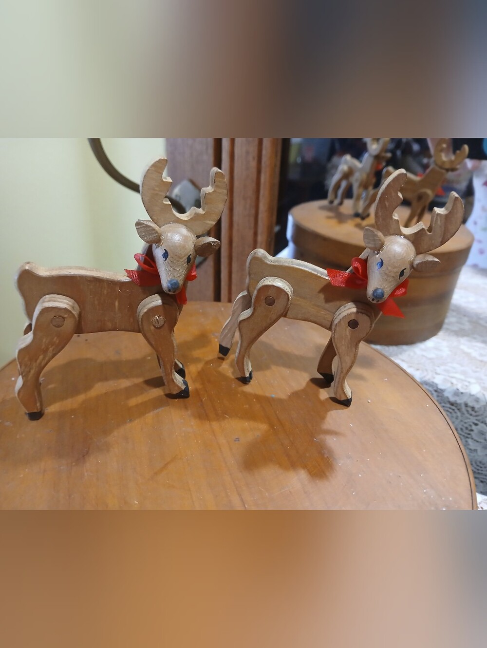 Vintage Christmas Wooden Folk Art Reindeer Set Of 2